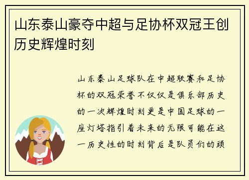 山东泰山豪夺中超与足协杯双冠王创历史辉煌时刻